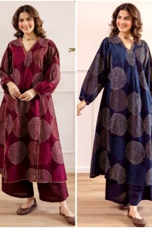 Women's Maroon & Navy Blue Circular Print Kurta Set