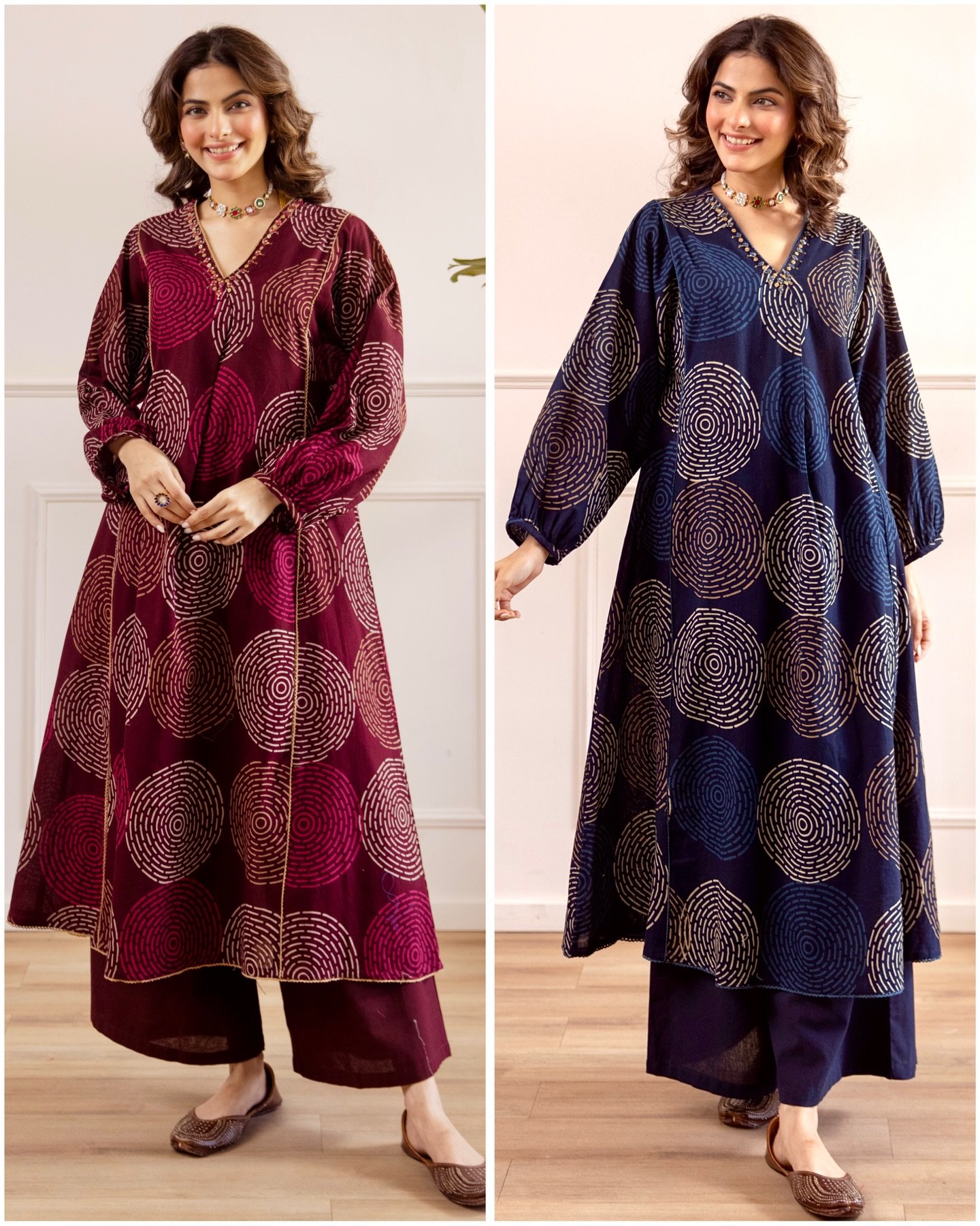 Women's Maroon & Navy Blue Circular Print Kurta Set