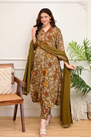 Women's Olive Green Floral Printed Kurta Set
