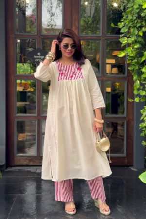 Women's Cream & Pink Striped Kurta Set