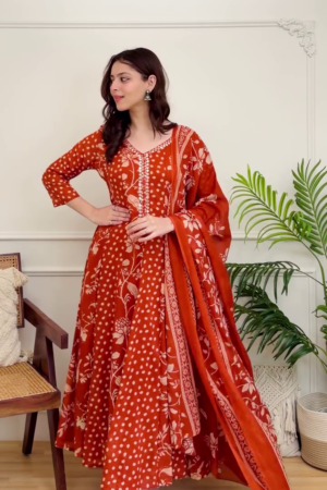 Women's Rust Orange Floral Printed Anarkali Kurta Set