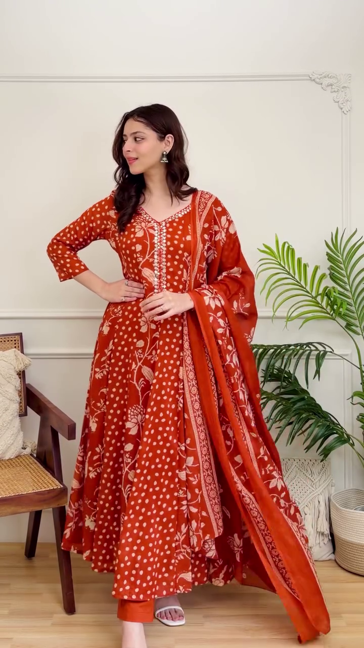 Women's Rust Orange Floral Printed Anarkali Kurta Set