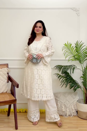 Women's Off-White Floral Lace Kurta Set