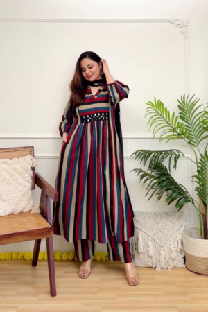 Women's Multicolor Striped Kurta Set with Black Dupatta