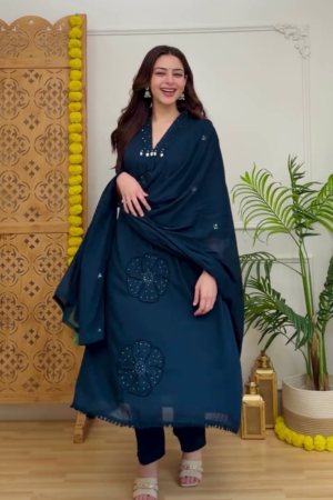 Women's Navy Blue Embellished Floral Kurta Set with Dupatta
