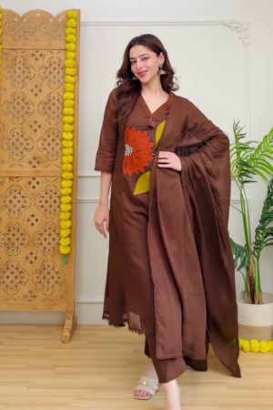 Women's Brown Floral Printed Kurta Set with Dupatta